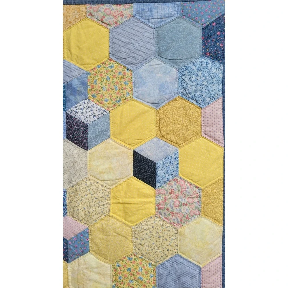 Vintage‎ Baby Crib Quilt 40x56 Yellow Blue Patchwork Tumbling Blocks